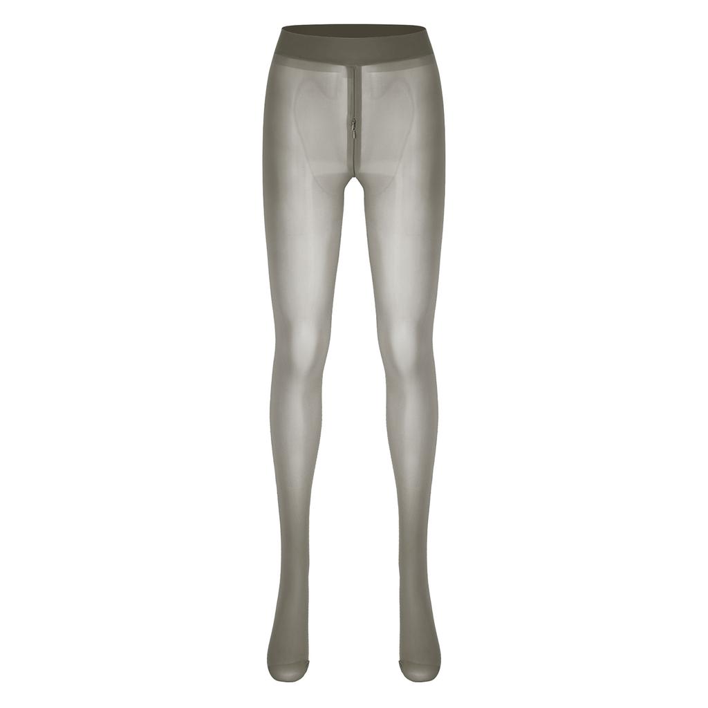Women Sheer Pantyhose Zipper Crotch Design Stretchy See Through Tights Solid Color Elastic Waistband Leggings