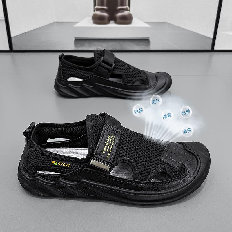 Men's 2024 Summer Genuine Leather Mesh Sandals - Breathable Soft Sole Casual Beach Shoes