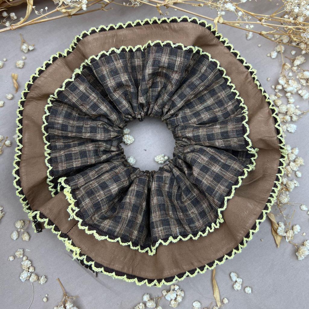 Korean-Style Checkered Double-Layer Lace Scrunchie for Low Ponytail