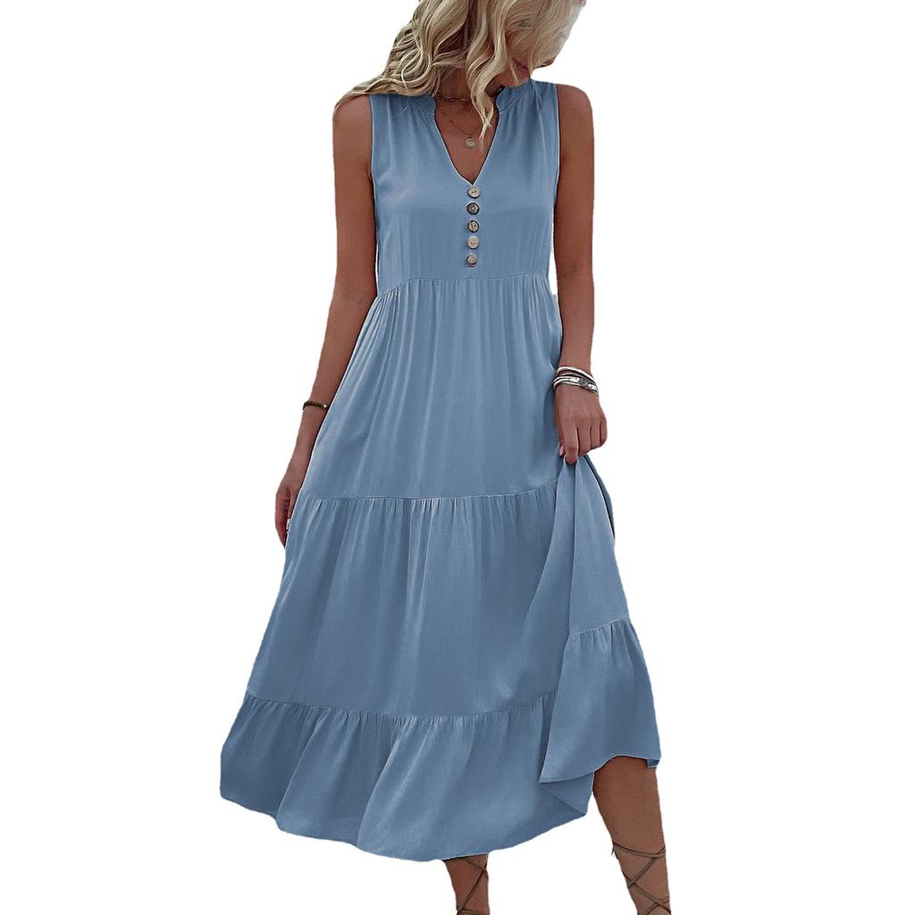 Amazon Independent Station Cross-border Summer New Products European and American Sleeveless Pleated Skirt Loose V-Neck Long Dress