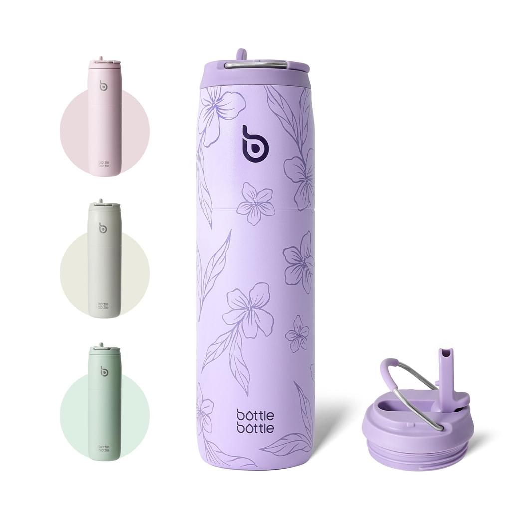 BOTTLE BOTTLE Water 1 Large Capacity with Direct Vacuum Stainless Steel Double for Girls and Purple Bloom Bottle, Liter, (1000ml), Straw, Drinking,