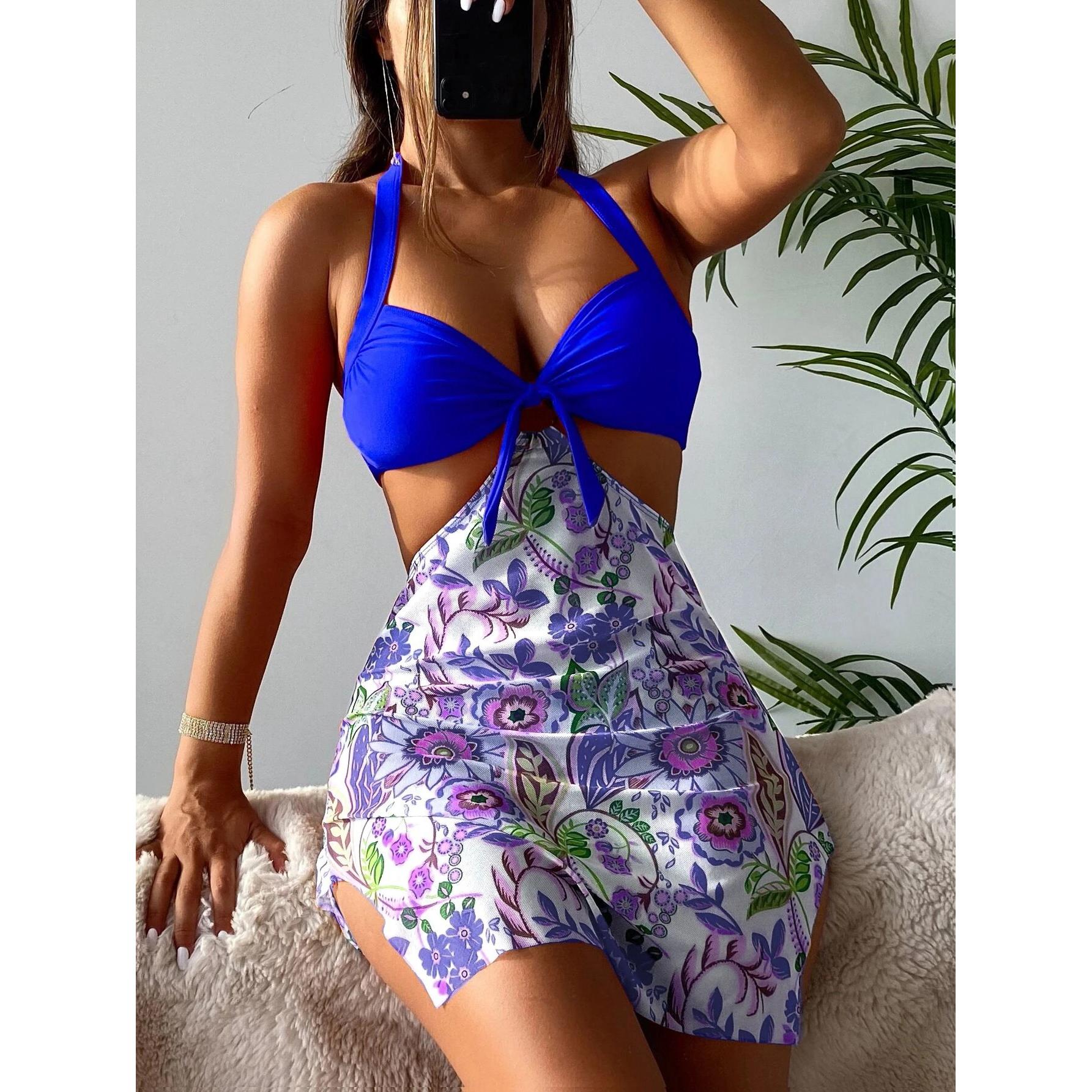 

Купальник женский сплит-принт сексуальная тройка платье Холтер шеи цветочные комплекты бикини S