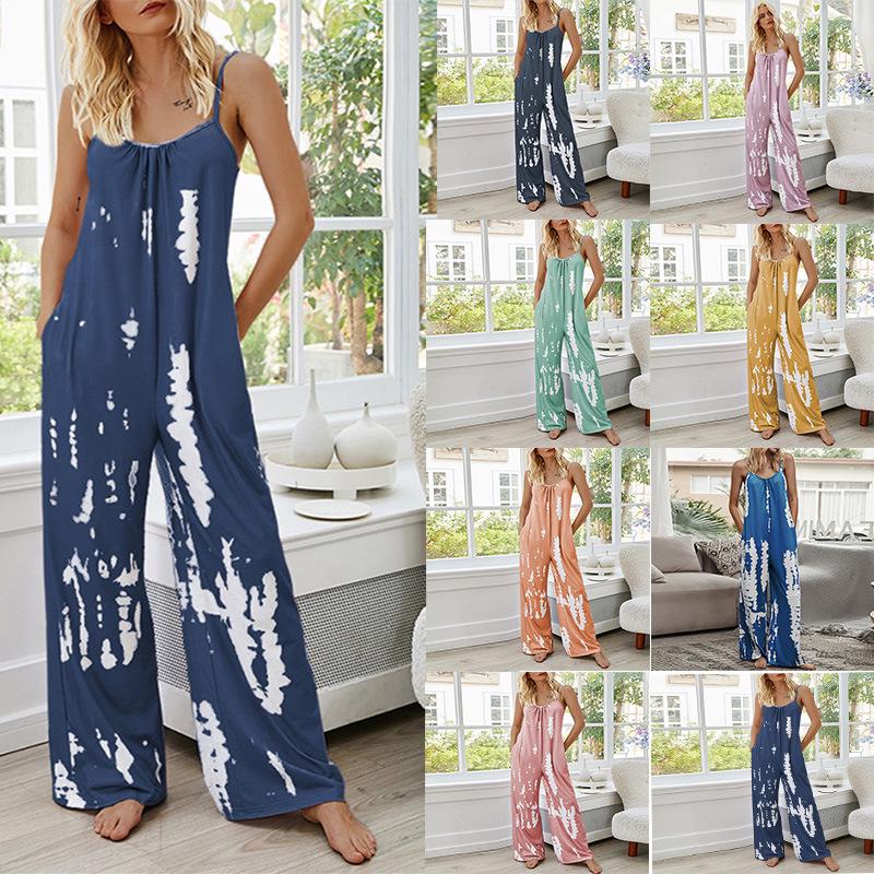 2022 Europäischer & Amerikanischer Damen Spaghettiträger Hoher Bund Weiter Bein Jumpsuit