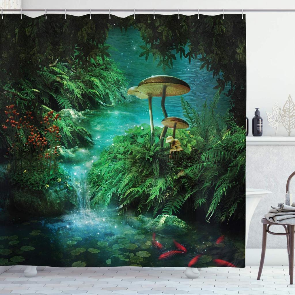 Fantasy Forest Shower Curtain Set Mystery Fairy Forest  Mushroom Flower Plant Home Bathroom Decor Curtains  Bath Accessory Set