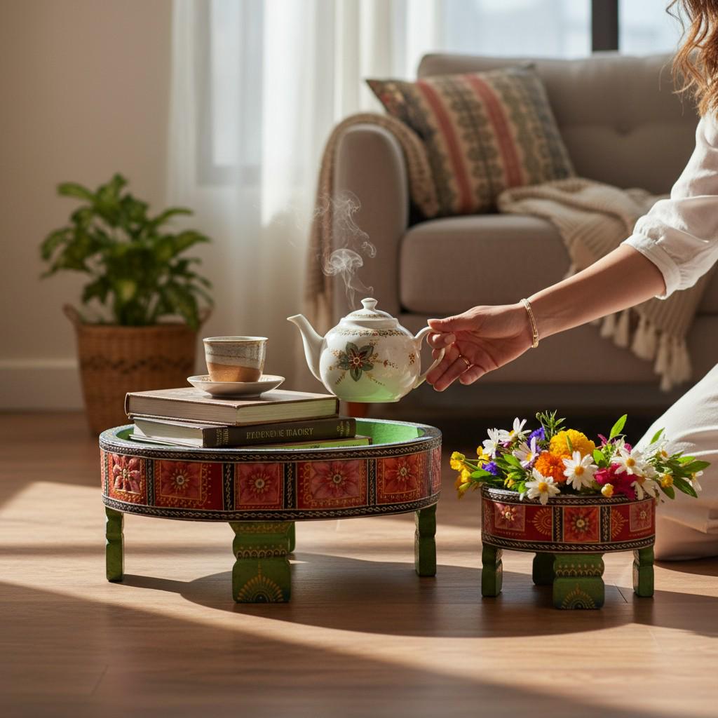 Hand-Painted Wooden Chowki Set of 2 | Indian Rajasthani Bajot Pedestal Stands | Decorative Flower Base for Pooja & Home Decor,Planter Stand