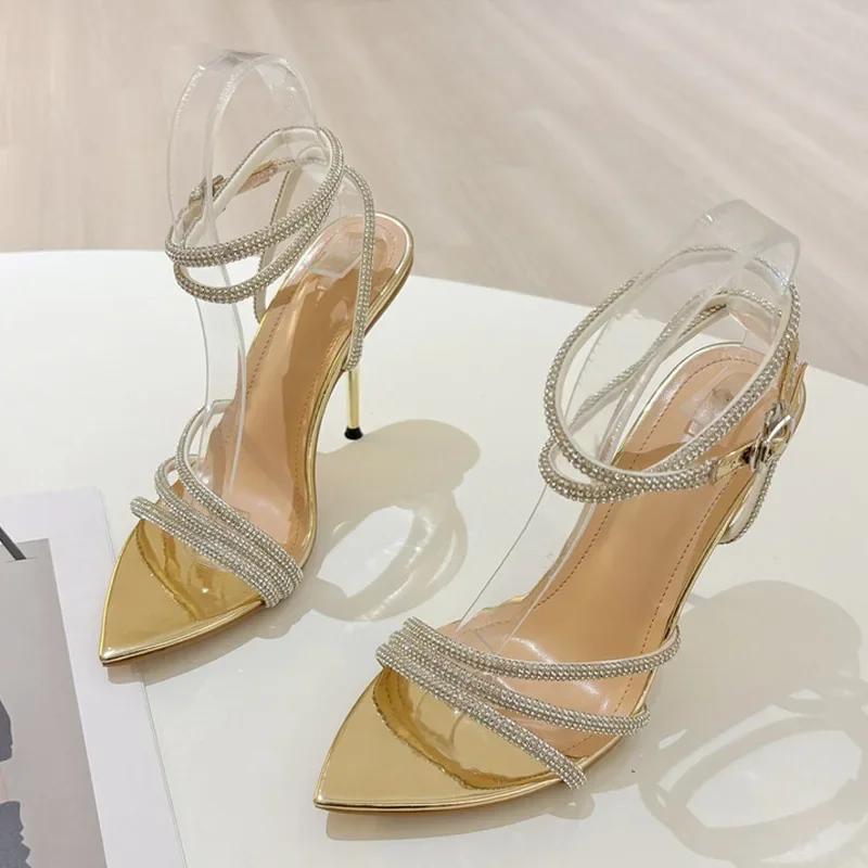 

Luxury Glitter Crystal Ankle Strap Sandals Women Sexy Pointed Toe Rhinestone High Heels Elegant Wedding Prom Shoes Size 35-41 41 золотой