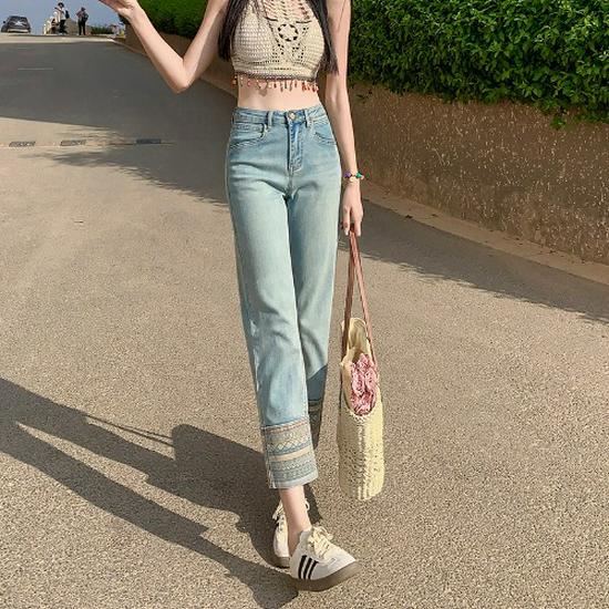 

Летние джинсы с высокой посадкой и прямыми штанинами для миниатюрных женщин, 2024 2XL синий