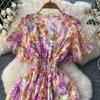 Retro V-Ausschnitt Schmetterlingsärmel Druck Chiffon Elegantes Sommerkleid A-Linie Schlagärmel Urlaubsdruck Damenkleider