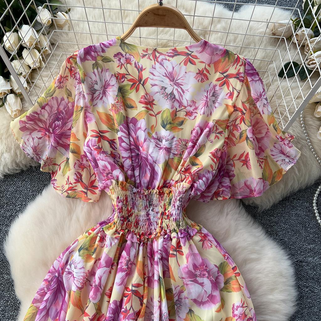Retro V-Ausschnitt Schmetterlingsärmel Druck Chiffon Elegantes Sommerkleid A-Linie Schlagärmel Urlaubsdruck Damenkleider