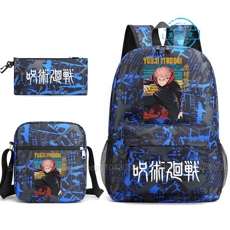 3pz Zaino Jujutsu Kaisen Ragazzi Ragazze Anime Mochila Zaino Scolastico Studente con Borsa a Tracolla Astuccio Viaggio Quotidiano Rucksack