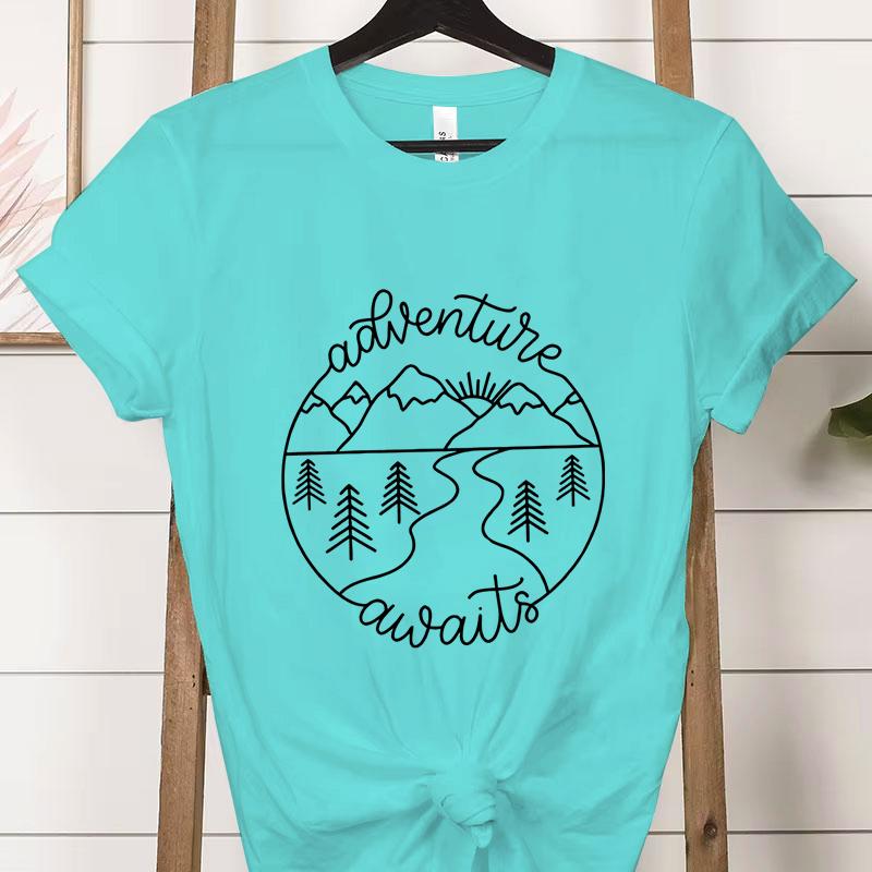 Adventure Awaits Outdoor Graphic T Shirts Women Mountain Nature Lover Gift Crew Neck Short Sleeve Tshirt Adventure Classic Tops