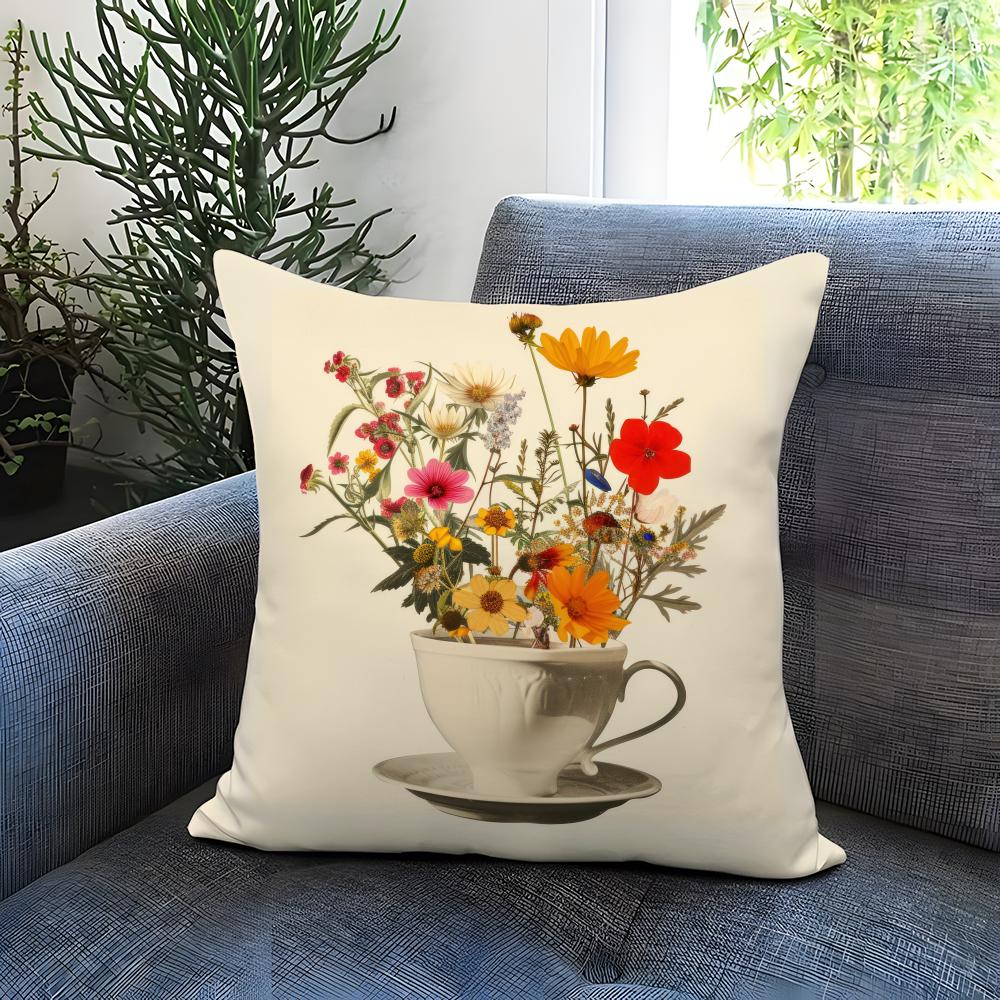Popular C-CCup of Flowers Cushion Cover Comfortable Reversible Pillow Cover Ideal for Car Sofa Bedroom & Beyond