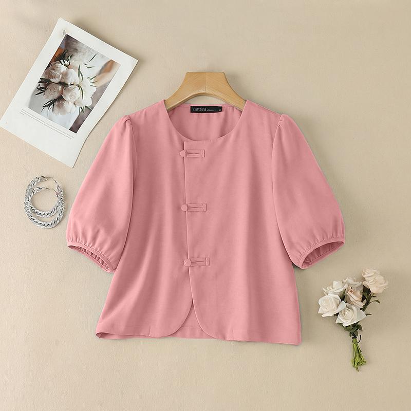 ZANZEA Blusa feminina casual gola redonda cor sólida verão manga curta