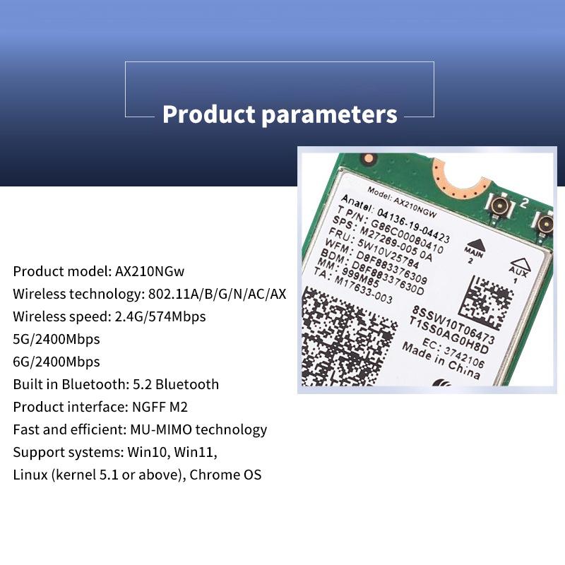 For Laptop Pc Wifi 6E Ax210 Bluetooth 5.2 M.2 Wireless Card Ax210Ngw 2.4Ghz 5Ghz 6Ghz 5374Mbps 802.11Ax Ax200 Adapter