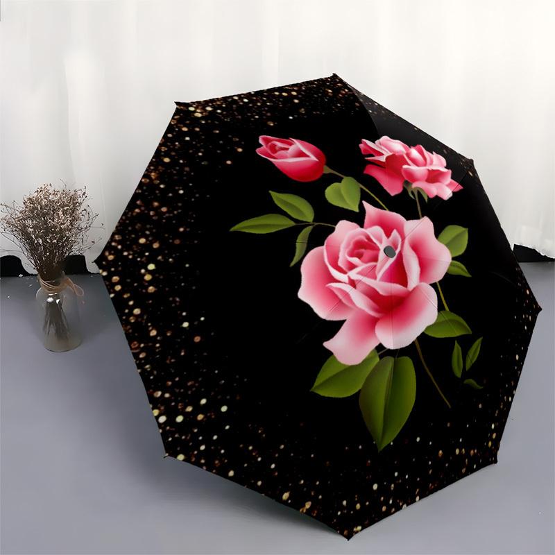 1pc Pink Roses, Glitter Background, Floral Design Umbrella with Plastic Handle,Compact & Stylish,Suitable for All Seasons YS331032