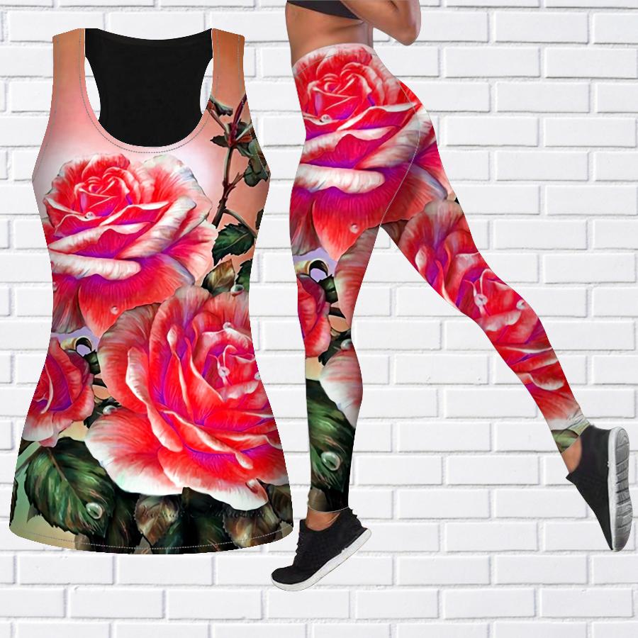 Rosa Tropfen-Rosen-Print-Yoga-Outfit für Damen, modische Workout-Leggings, Fitness, Sport, lässige Yoga-Hose