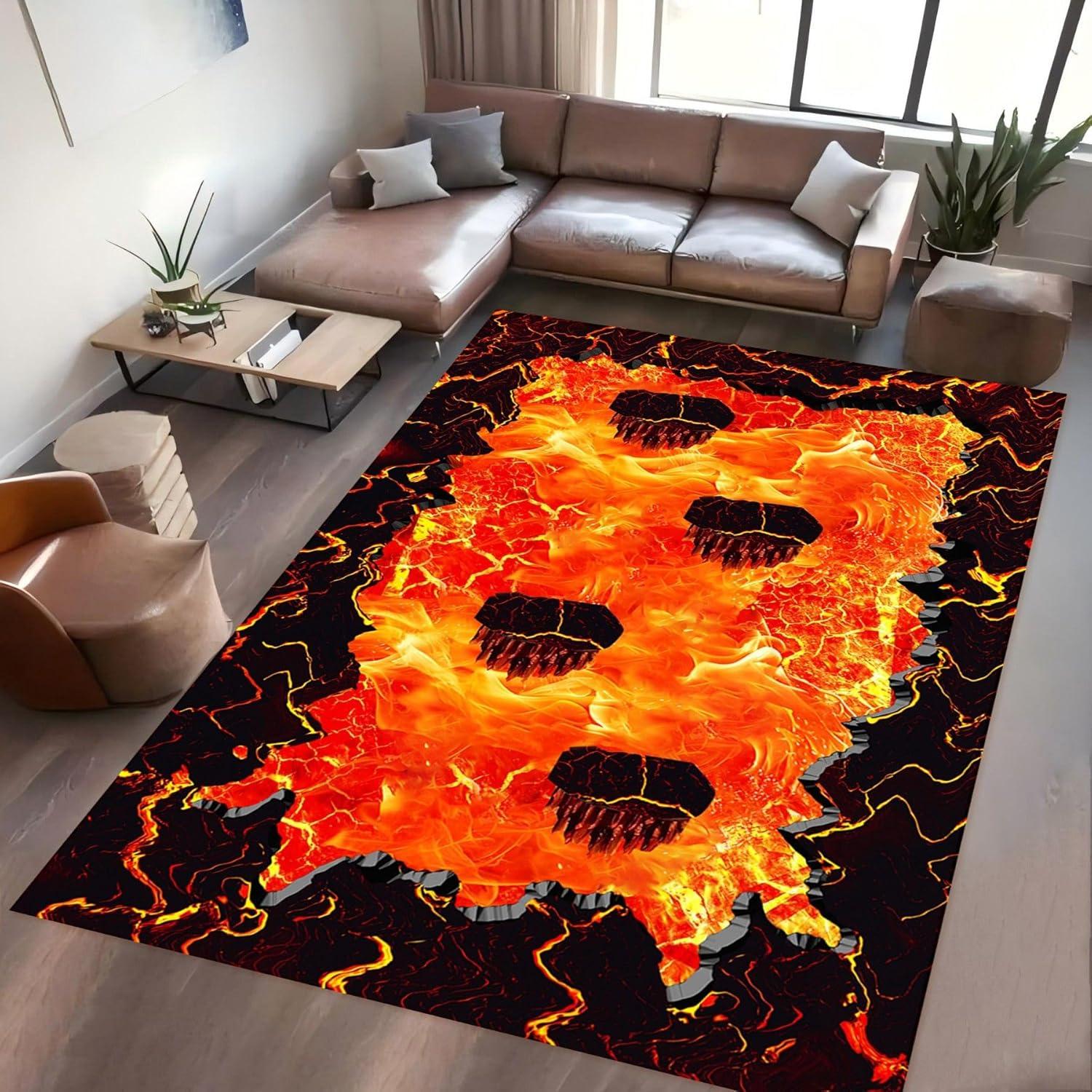 

Lava Floor 3D Illusion Area Rug – Cracked Earth & Wooden Bridge Themed Carpet – Bold Fire Lava Pattern for Game Room & Bedroom 50cm x 80cm