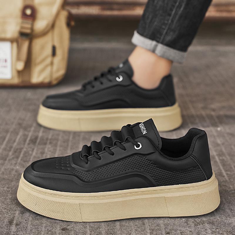 Men s Trendy Breathable White Leather Sneakers: Versatile, Thick-Soled Casual Shoes 40