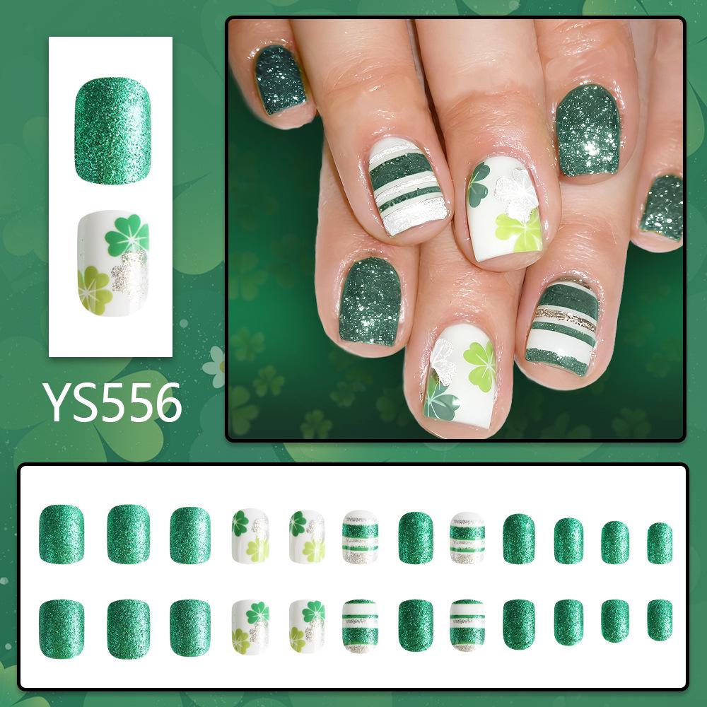 St. Patrick's Four-Leaf Clover Blinking Green Wearable Nails Set - 24 Detachable Pieces