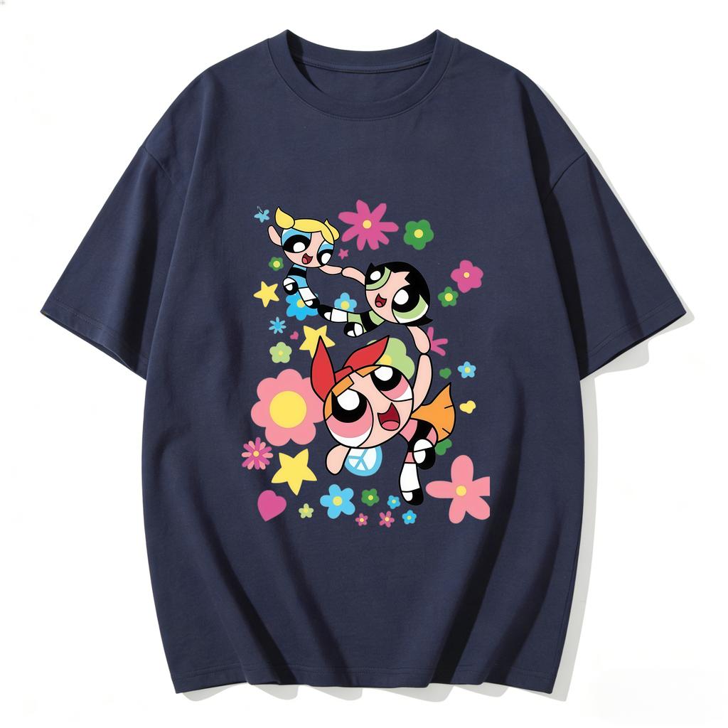 2026 Sommer Niedliche Powerpuff Girls Familien-Matching T-Shirts Cartoon-Druck Baumwoll-T-Shirts Lässige Kurzarm-Oberteile für Kinder und Erwachsene