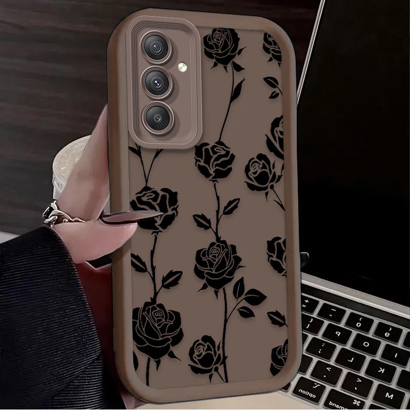 Black Flower Phone Case For Samsung Galaxy S25 S24 S23 Plus S22 S21 Ultra 24 FE Plus A15 A35 A54 A55 5G Shockproof Soft Cover