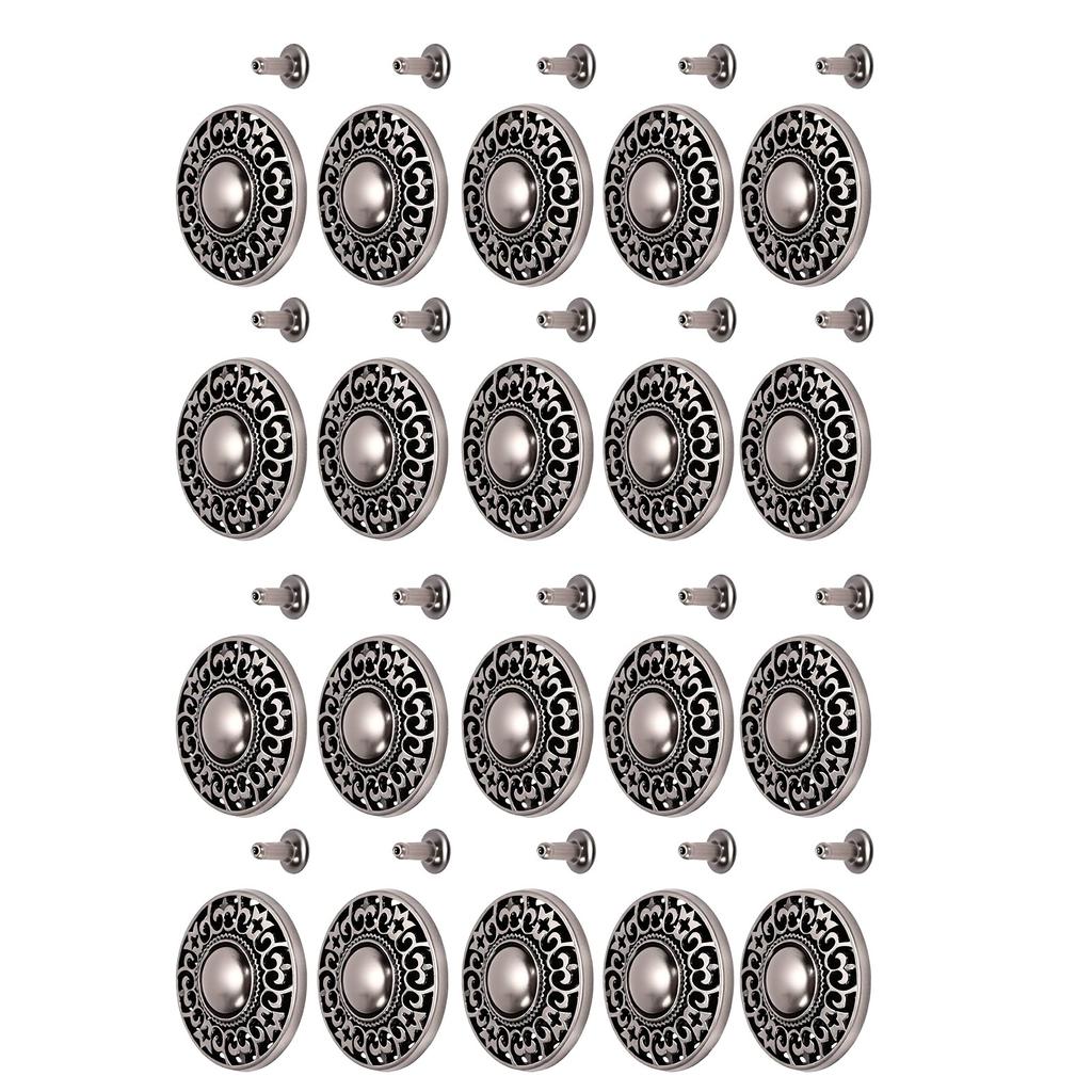 20pcs Metal Jeans Buttons Kit 24mm Metal Buttons Rivet Stud Set for Pants DIY Crafts Antique Silver