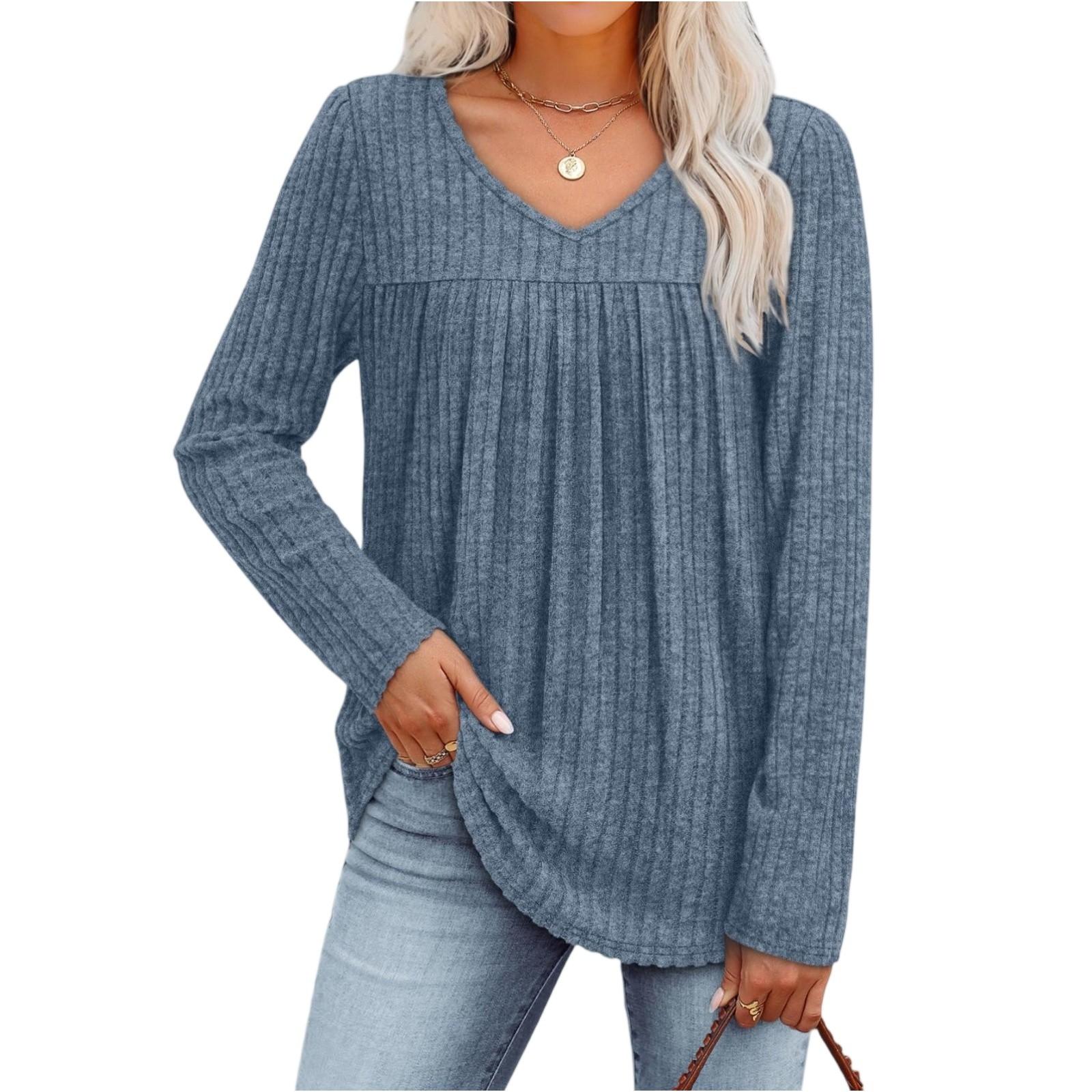 

Women s Fashionable Long-sleeved Pullover Solid-color Top XL синий