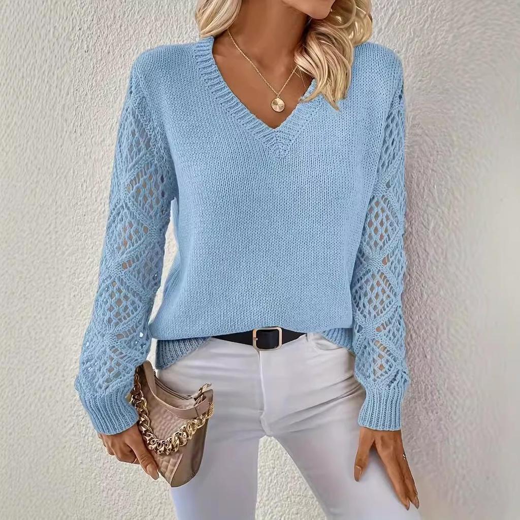 V-Neck Crochet Jacquard Sweater: Women's Loose Fit, Long Sleeve Pullover for Spring & Autumn