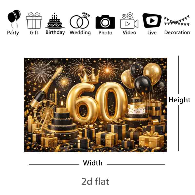 Black Gold Luxury 60th Happy Birthday Photography Backdrop Golden Number Balloon Cake Gift Box 60th Birthday Party Decor