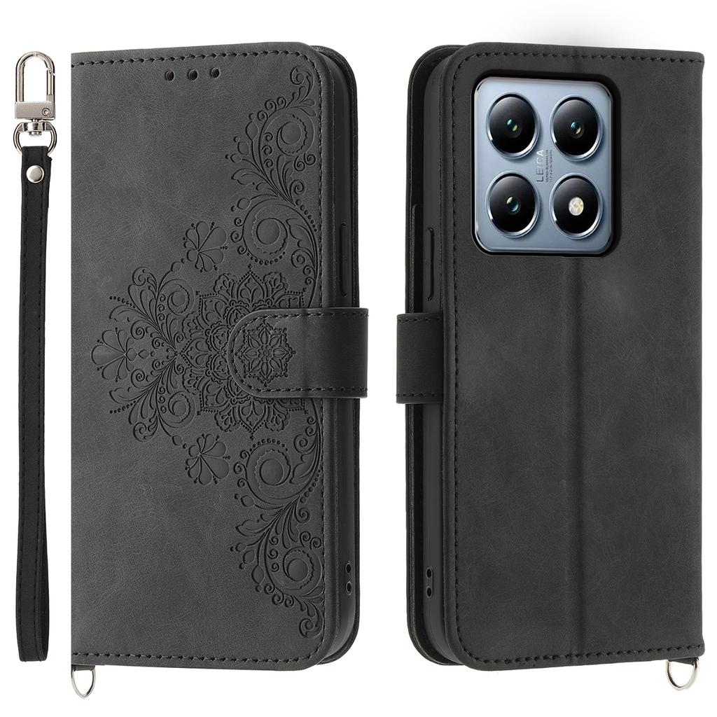 For Xiaomi 14T Pro Case Flower Pattern PU Leather Wallet Phone Cover with Strap