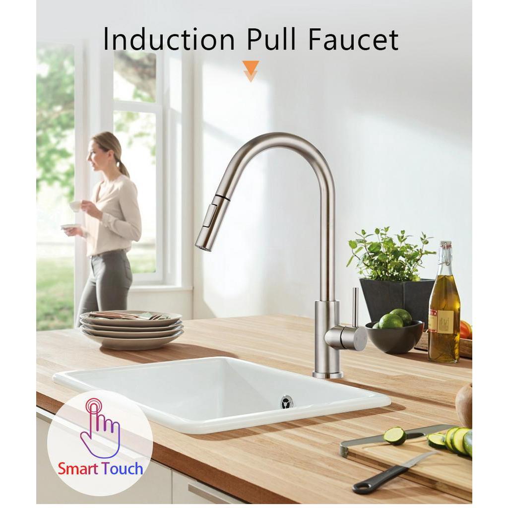 

Brushed Nickel Stainless Steel Kitchen Sink Faucets Mixer Tap Crane 360 ° Rotation Smart Touch Sensor Pull Out Hot & Cold Water Mixer New