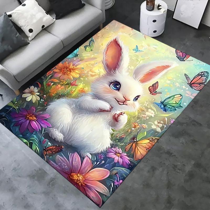Office Carpet Soft Bunny & Butterfly Design for Sofa Protection Under Chairs, Cute Animal Print Rug