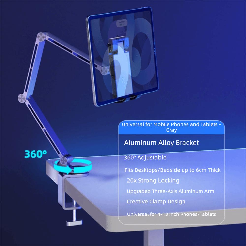 Adjustable Boom Arm Desktop Tablet Phone Stand 360° Swivel Tablet Bracket Tablet Holder  for 4-13in Clip gray