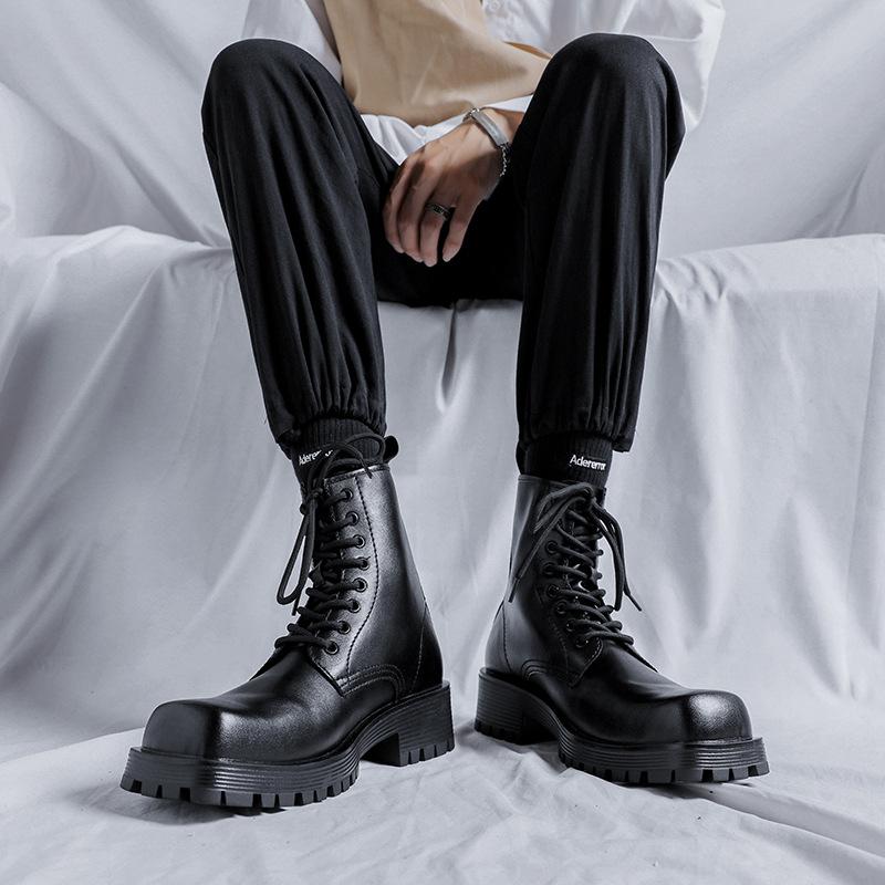 Martin boots mid-top British style youth hairstylist high-top leather boots thick-soled square head zipper Chelsea boots