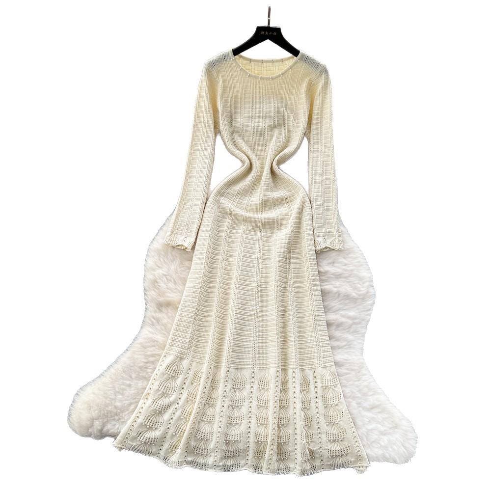 Xiaoxiangfeng Senior Sense Celebrity Heavy Industry Bead Crew Neck Long Sleeve Hollow Knitted Dress Women's Waist Inner Long Dress