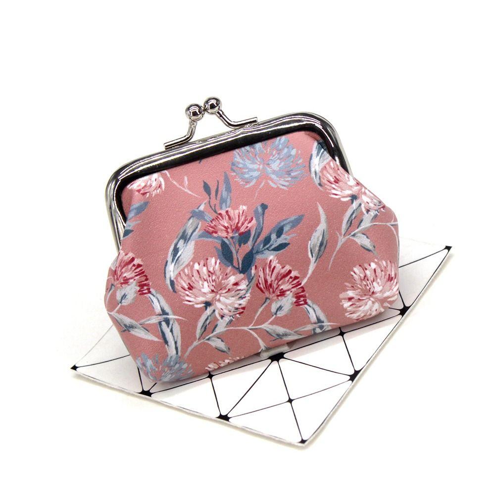 Cute PU Leather Coin Purse Flower Print Latte Clip Wallet Bag Lovely Style Convenient Handbag Women