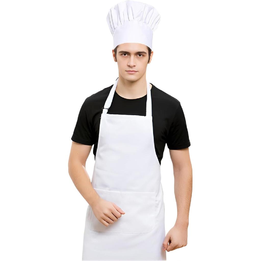 White Chef Hat And Apron For Men Women Adults Set,Chef Costume,White Apron With Pockets For Cooking,Chef Outfit