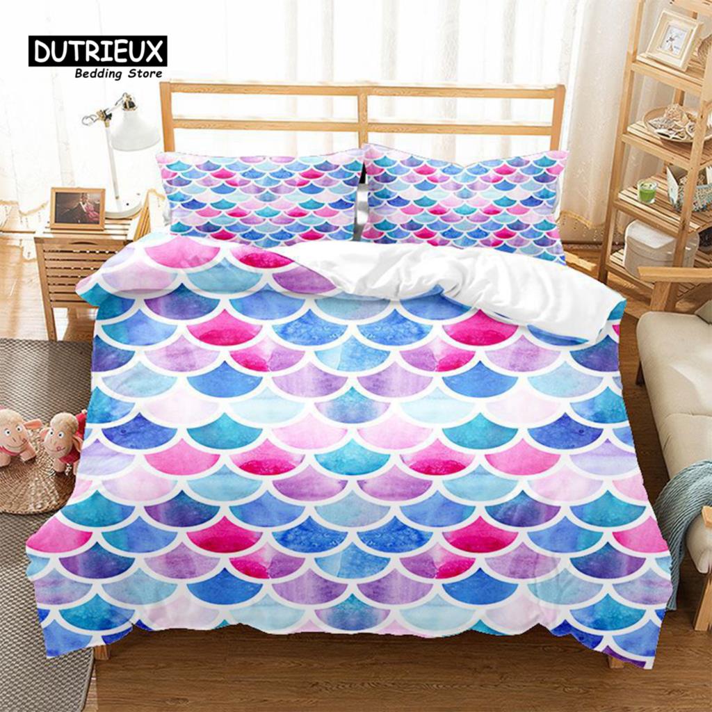 Mermaid Fish Scales Duvet Cover Magical Colorful Seamless Pattern With Fish Scale Net Print Bedding Set Microfiber Quilt Cover