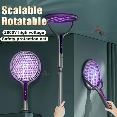 2800V Intelligent Mosquito Swatter With Extension Handle Electric Mosquito Killer 5-Layer Protection Rechargeable Mosquito Racke