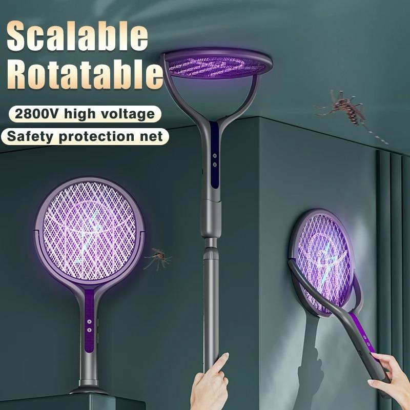 2800V Electric Mosquito Swatter With Extension Handle Intelligent Mosquito Killer Rechargeable 5-Layer Protection Anti-mosquito