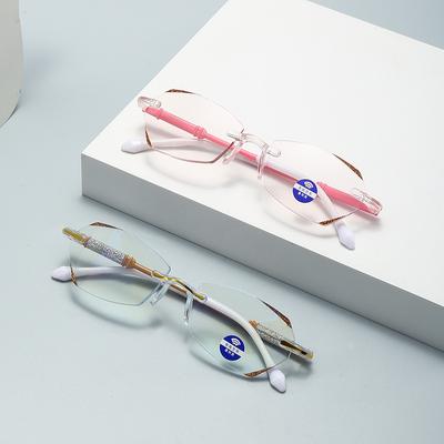 Luxuriöse Blaulichtfilter-Lesebrille für Damen, Randlose Fassung, Gleitsichtbrille, HD-Gläser, Weitsichtbrille mit Dioptrien