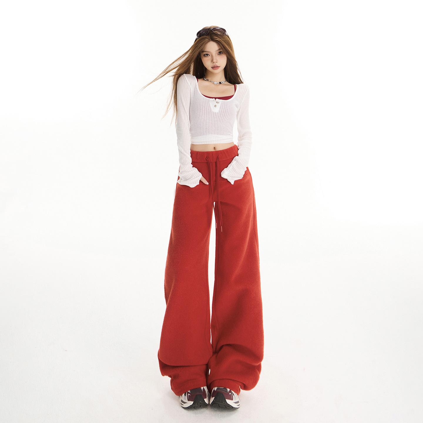 Women s High-Waisted Red Wide-Leg Pants - 2026 Early Spring Floor-Length Loose Casual Style Extra Small