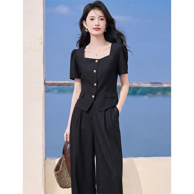 Xinfeiyu 2026 Summer Square Collar Puff Sleeve Denim-Look Two-Piece Set M чёрный