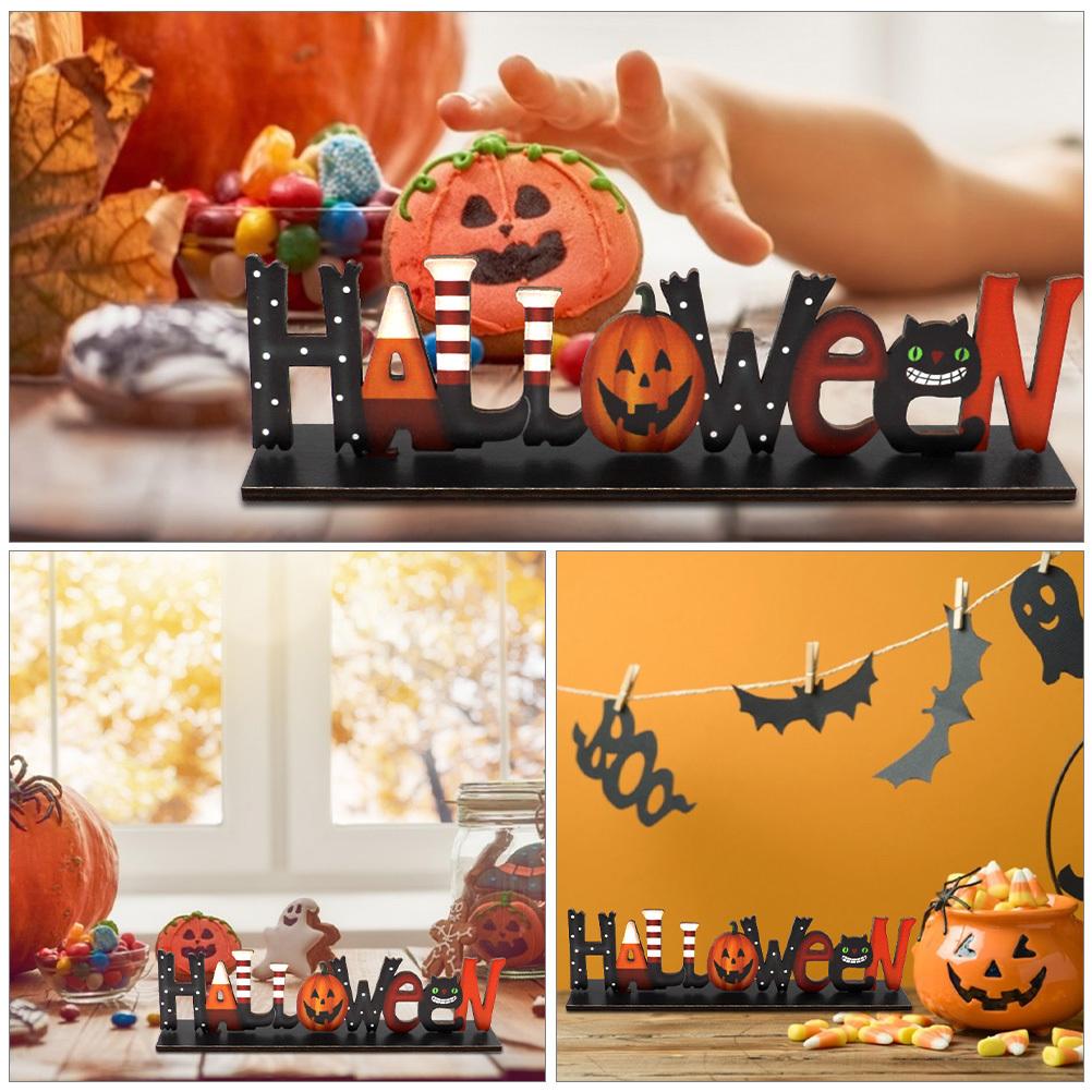 1Pcs Wooden Hollow-Out Adornment Halloween Letters Design Decor for Home Party Scene Layout Creative Desktop Ornament