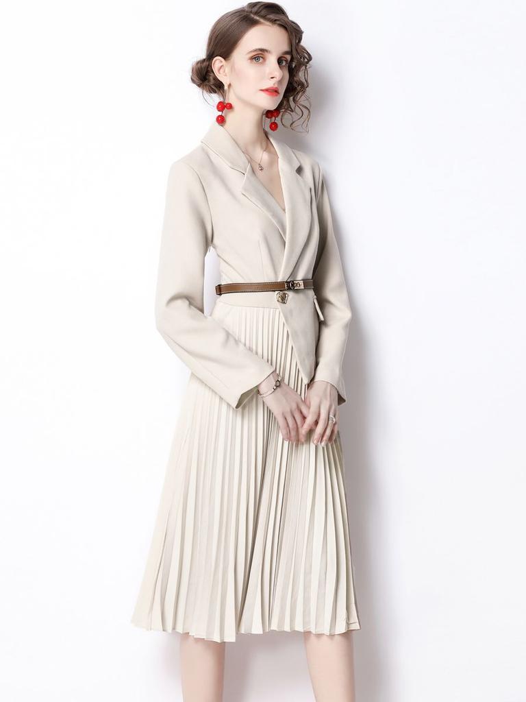 Fashion Runway Autumn Midi Pleated Dress for Women's Notched Collar Long Sleeve Vintage Blazer Dress With Belt