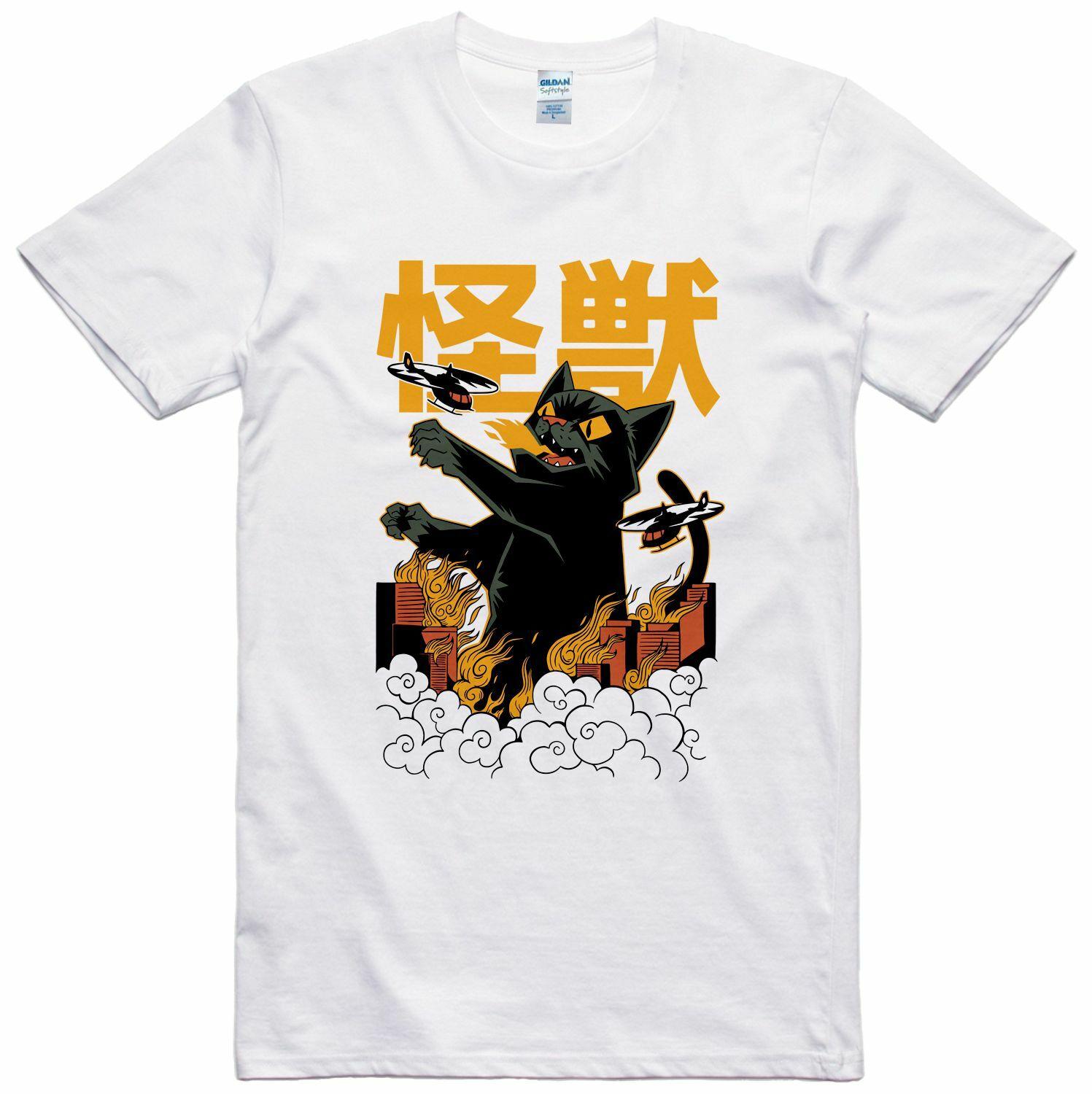 Mens Funny T-Shirt Kaiju Cat Retro Design Regular Fit 100% Cotton Tee S разноцветный