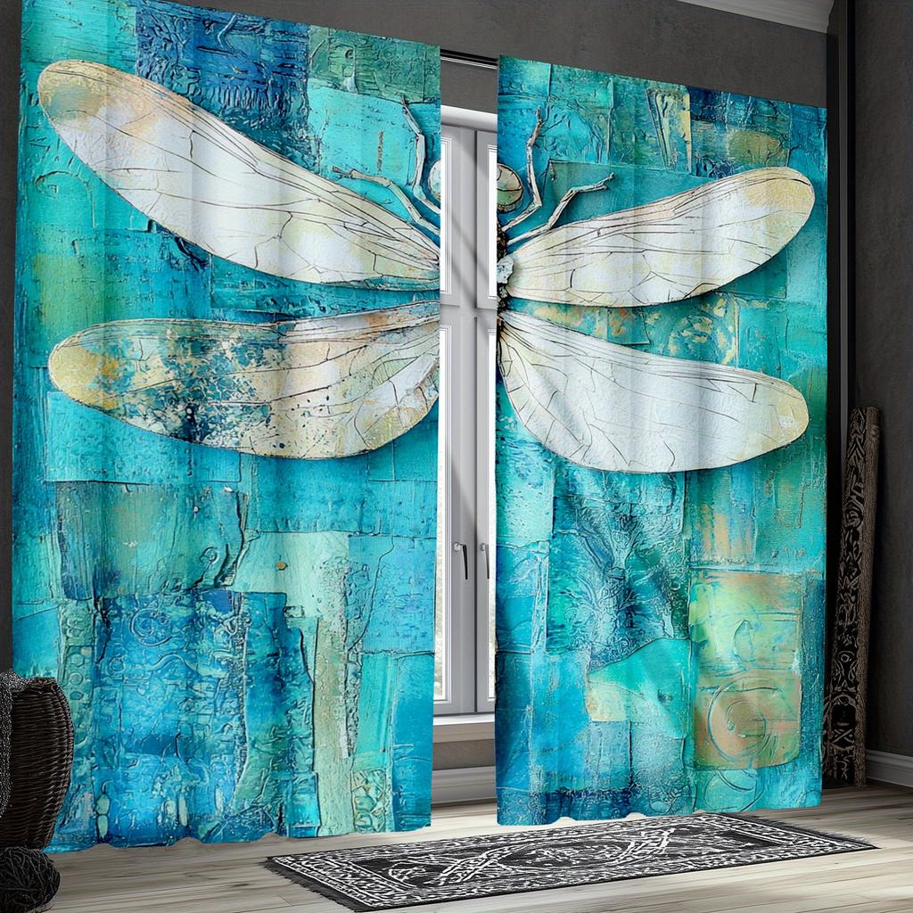 2pcs Teal Tie-Dye Curtains with Dragonfly Design – Elegant Grey To White Ombre Window Drapes   Semi-Transparent Polyester Fabric