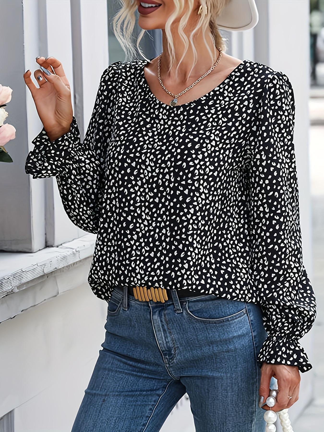 2025 Women s Long-Sleeve V-Neck Printed Casual Fashion Top S чёрный