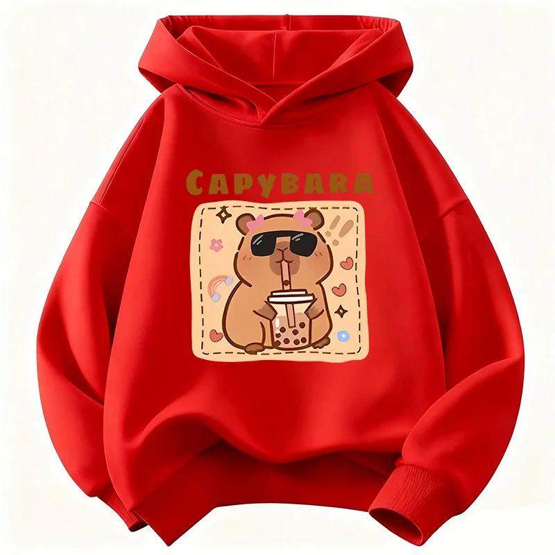 Felpa con Cappuccio Divertente Capibara che Beve Succo per Bambini Felpa Carina per Ragazzi Ragazze Autunno Primavera Felpe Casual
