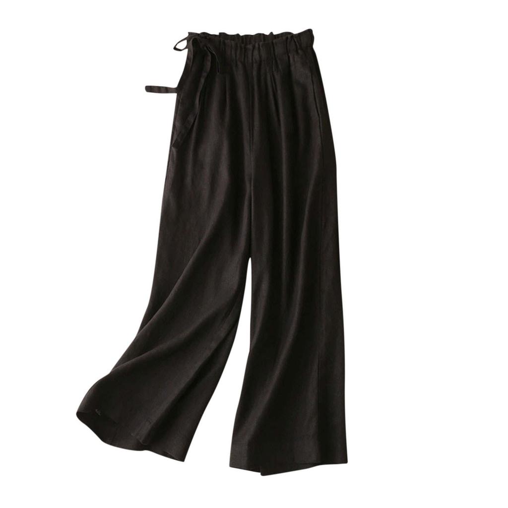 Pantaloni Palazzo Largi din Bumbac și In pentru Femei, Capri cu Talie Înaltă Elastică